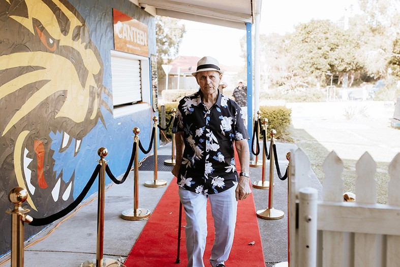 Sno Carter arriving at his 80th birthday celebration at Caloundra Panthers AFL Club.